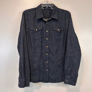 Talbots Denim Shirt Blue Dark Wash Cotton Gold Buttons Fitted Women’s Size‎ 14